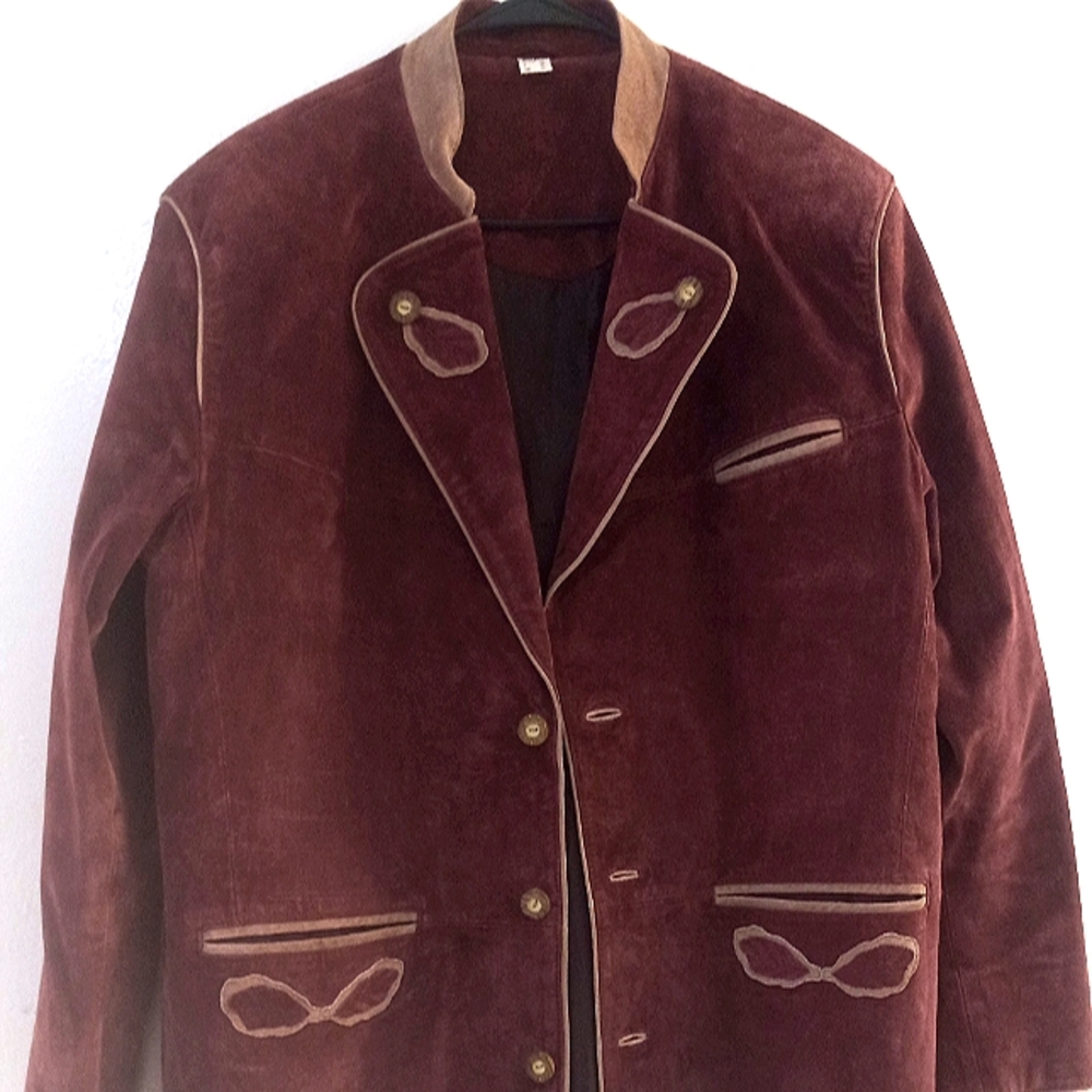 Suede Genuine Leather Jacket Wine color with beige Unisex Size L.